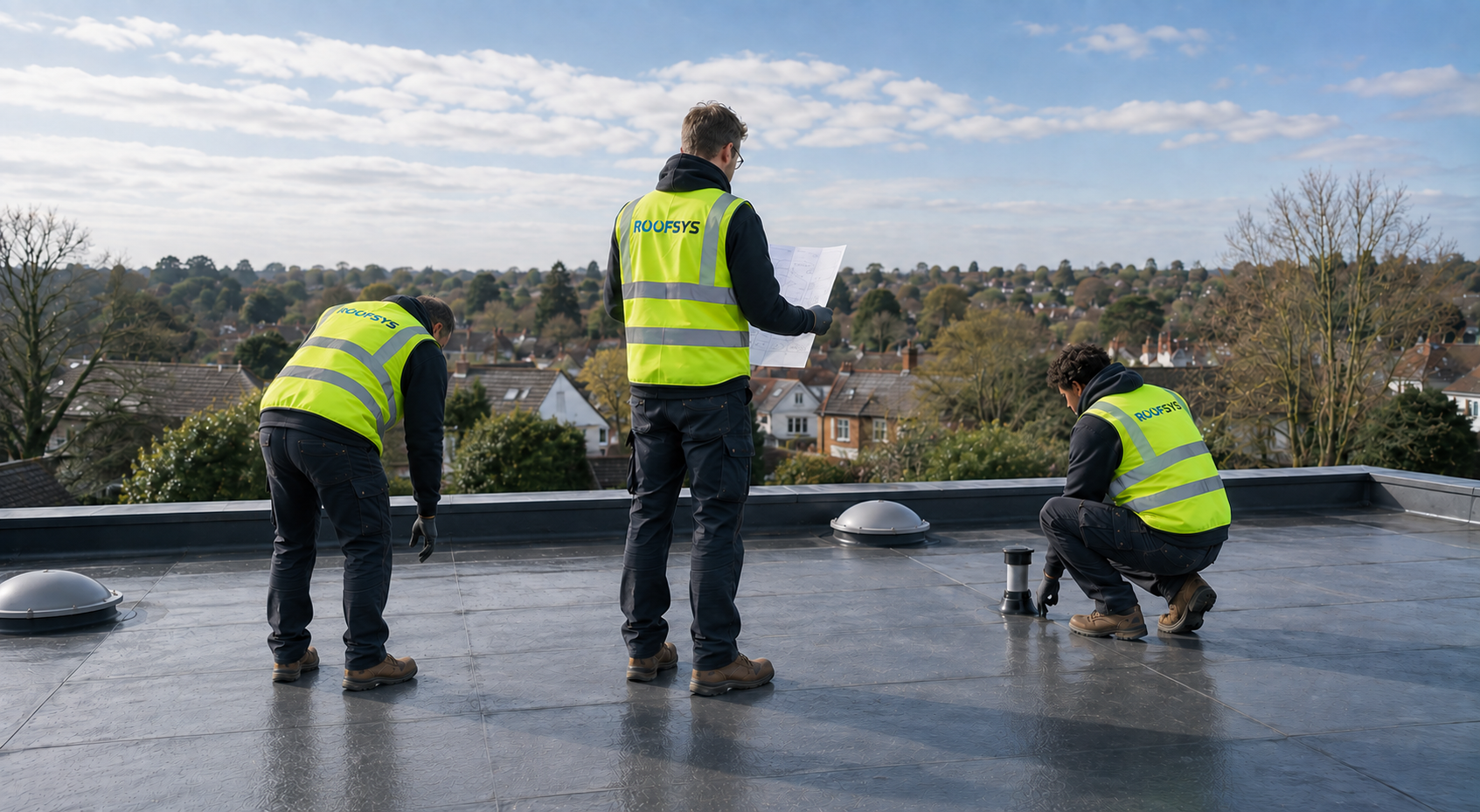 Tým ROOFSYS při práci na ploché střeše