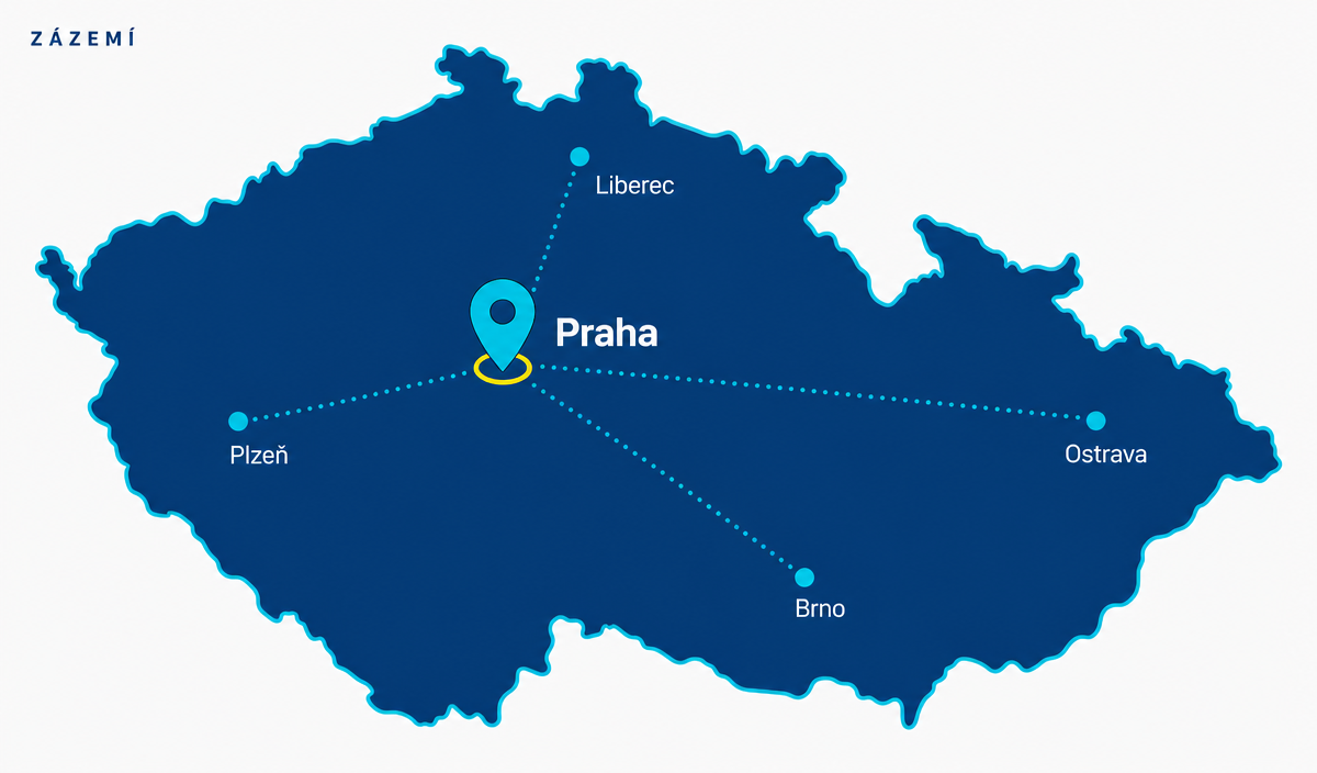 Mapa působnosti ROOFSYS po celé České republice se zázemím v Praze